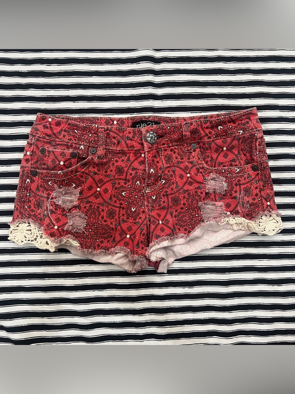 Rue21 Red Paisley Crochet-Hem Distressed Denim Shorts